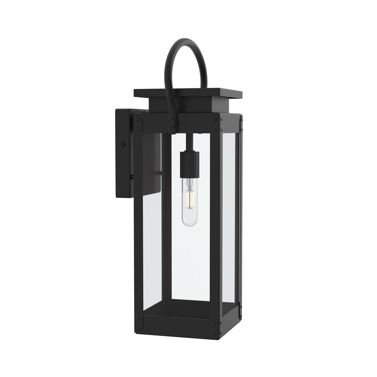 Black outdoor wall lantern with clear glass on a white background 