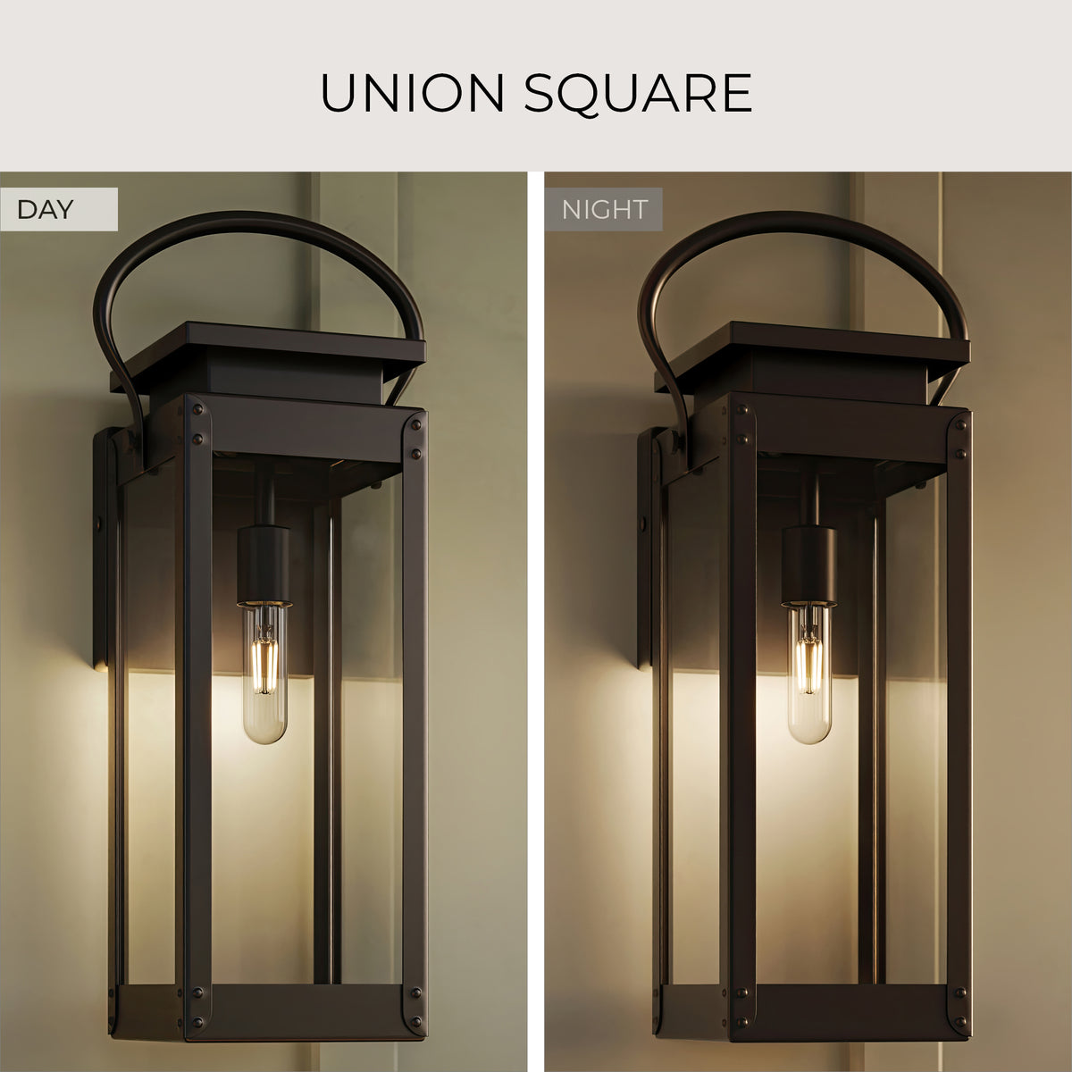 Outdoor wall light fixture comparison between day and night on a neutral background. 