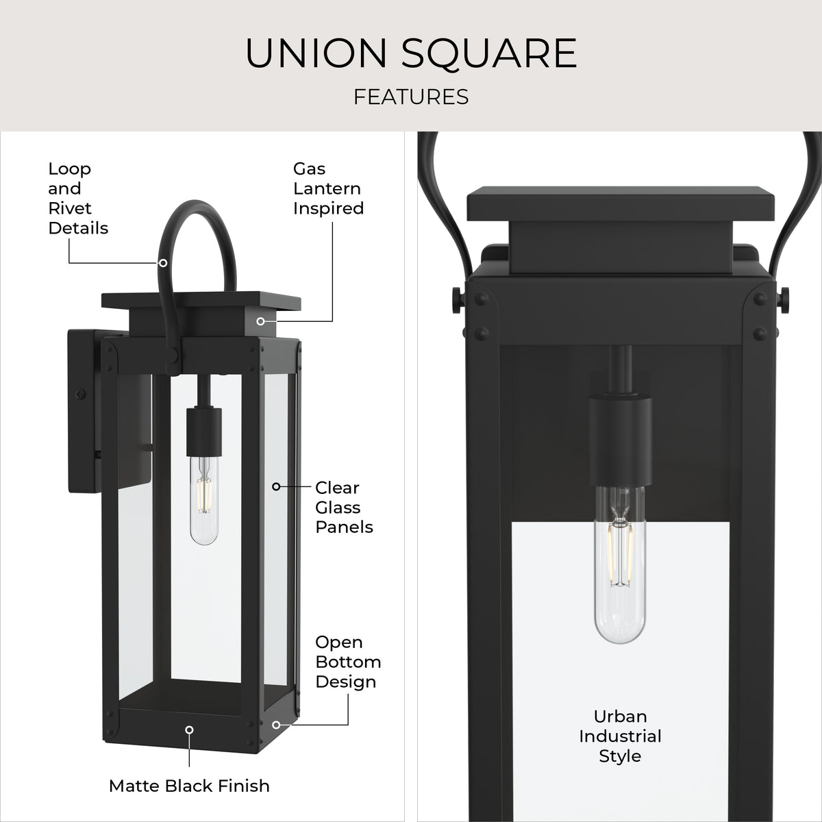 Black outdoor lantern with labeled features on a white background 