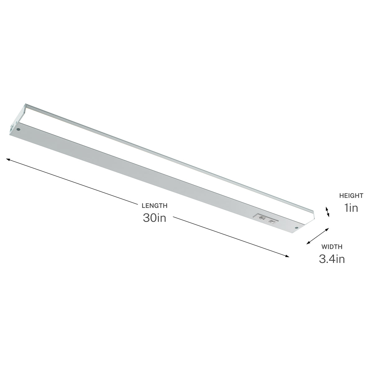 P700032-030-CS under cabinet light on white background with dimensions 