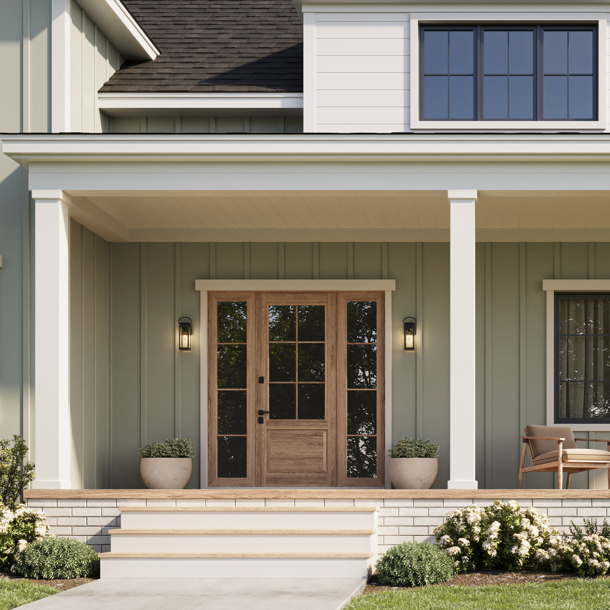 Front porch of a house with a wooden door, steps, and decorative elements.