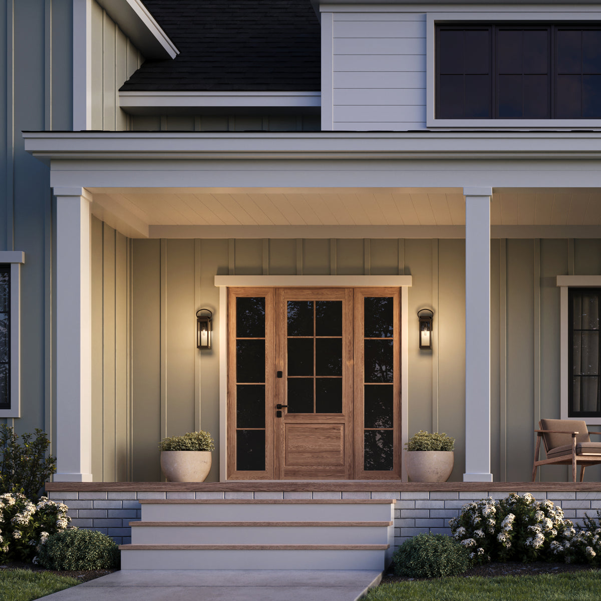 Front entrance of a house with a wooden door and decorative elements. 