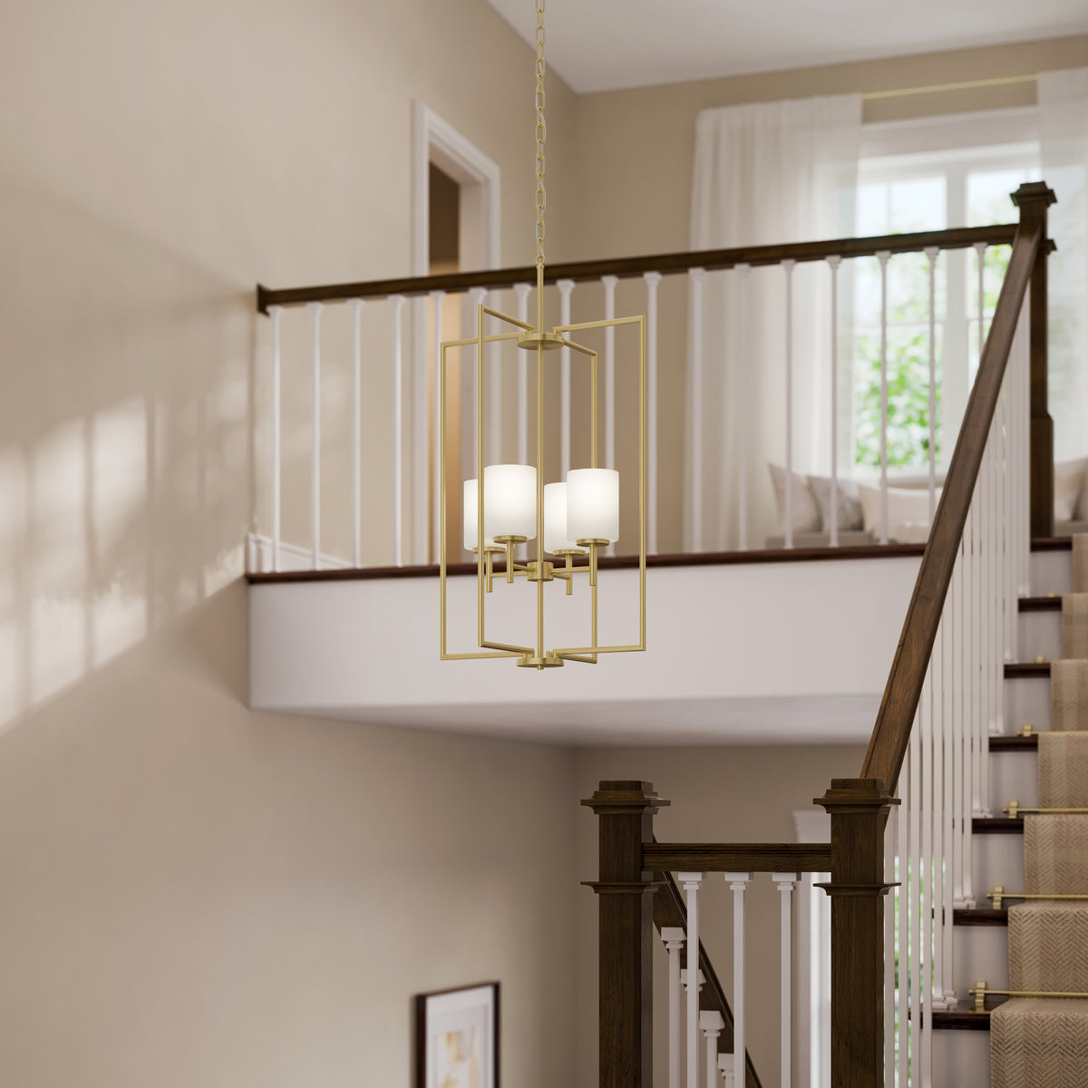 Gold chandelier hanging above a staircase in a home interior. 