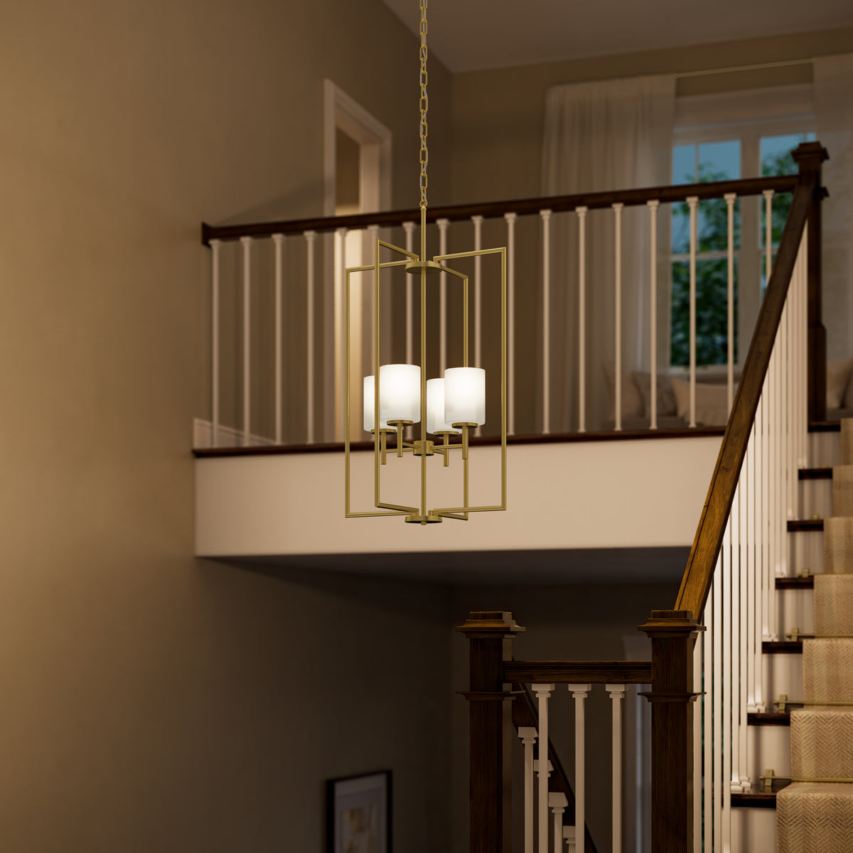 Staircase with a chandelier hanging above, featuring wooden railings and a neutral color scheme. 