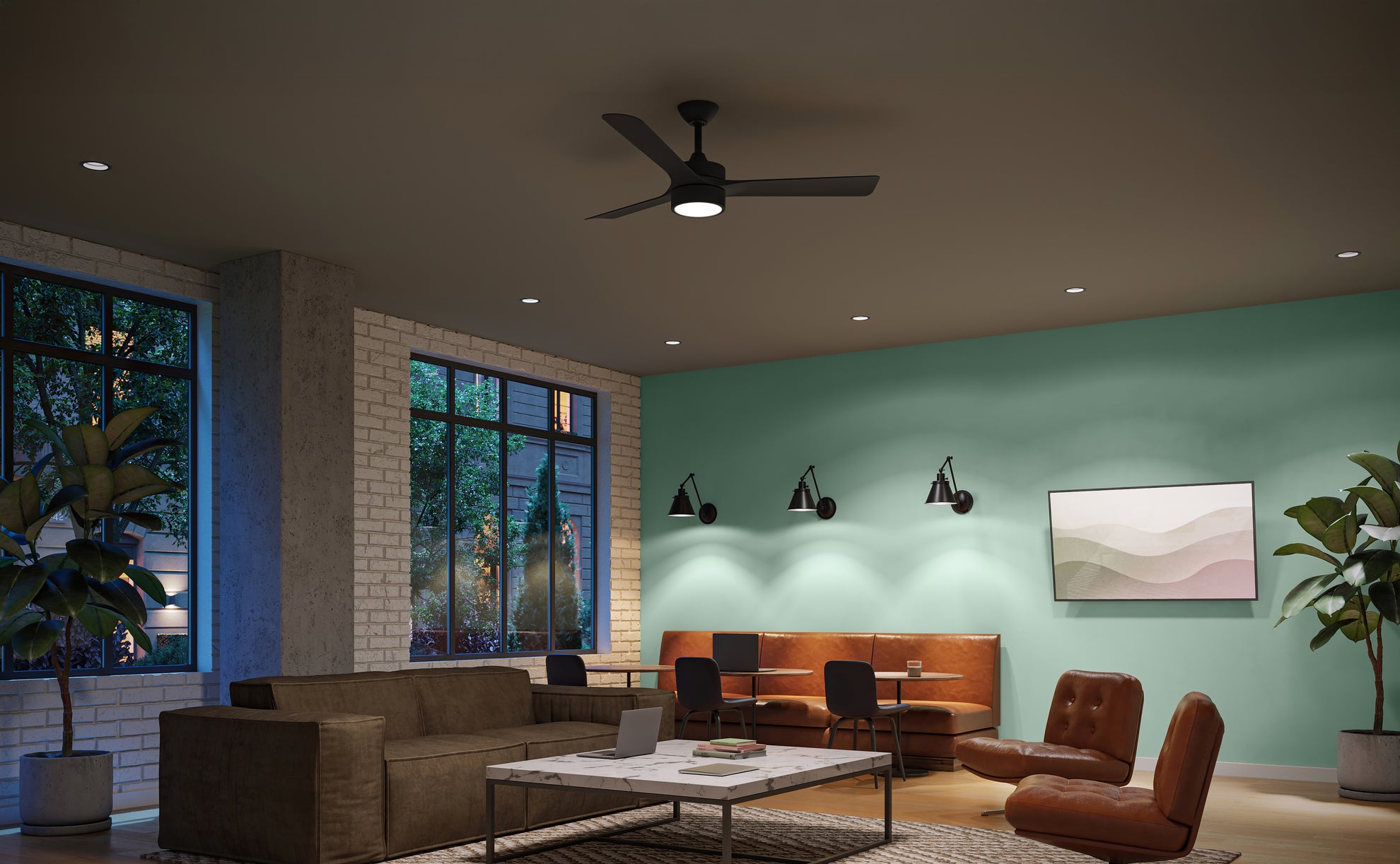 Modern living room with a ceiling fan, wall lights, and a television.